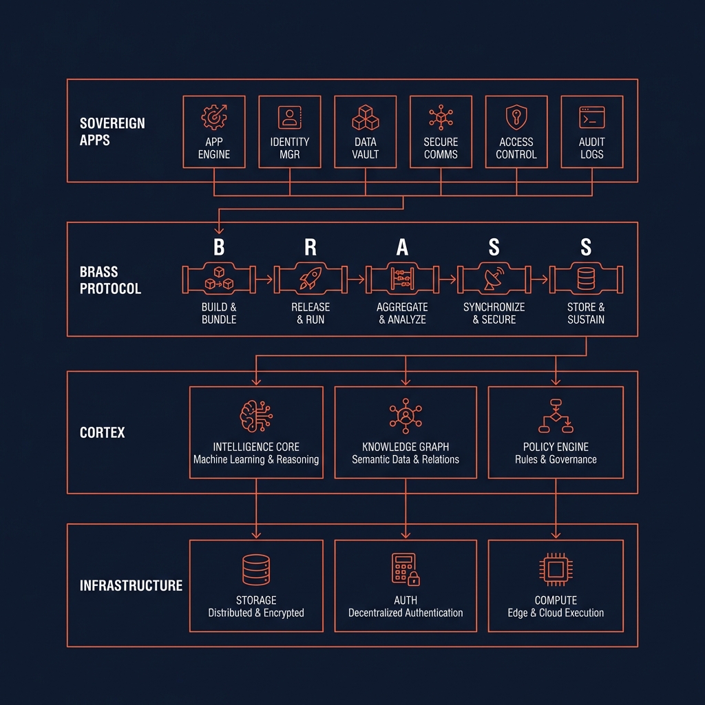 Protoperfect Labs Architecture Stack - Sovereign Apps, BRASS Protocol, Cortex, and Infrastructure layers